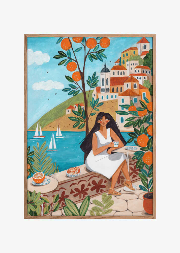 Travel poster woman in Mediterranean coast