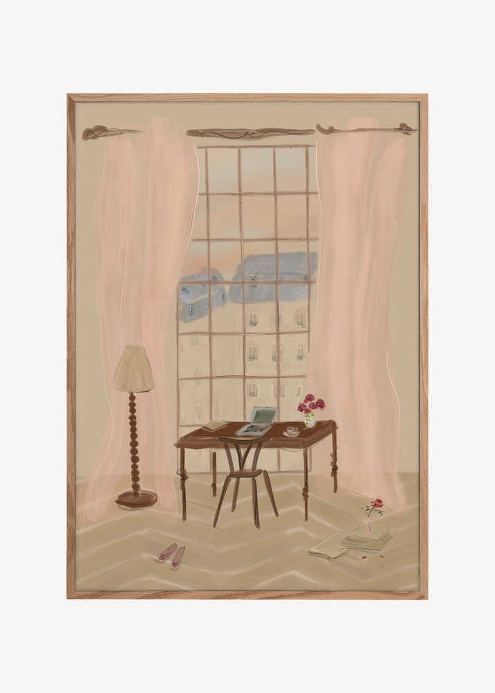 Paris Window View Illustration with Rustic Desk