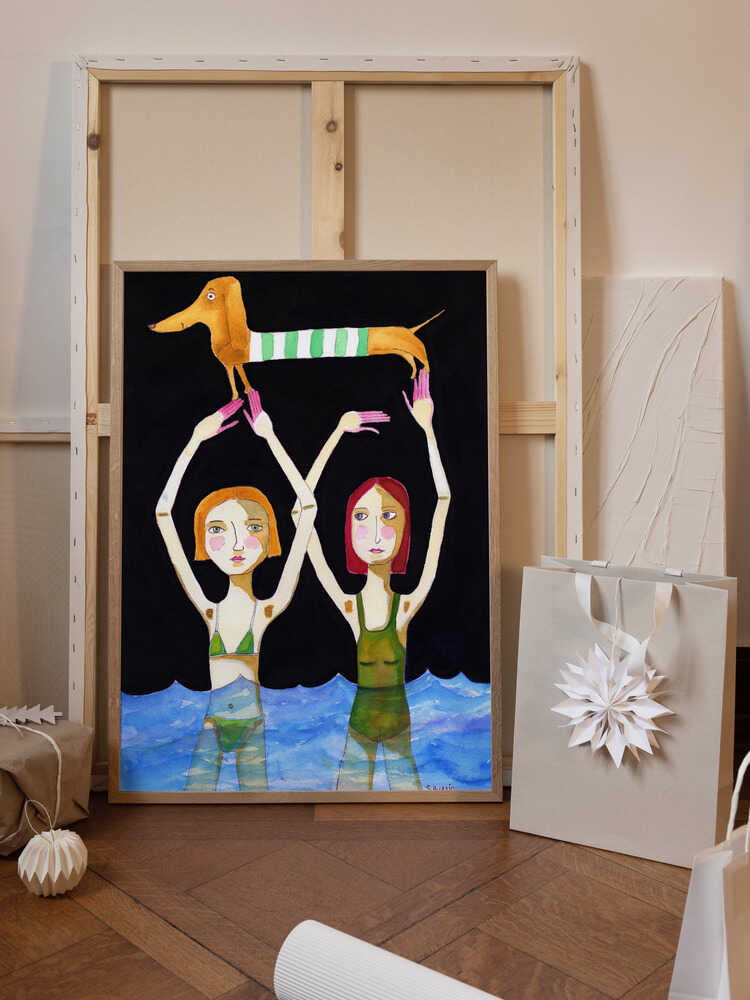 Swimming Girls with Sausage Dog