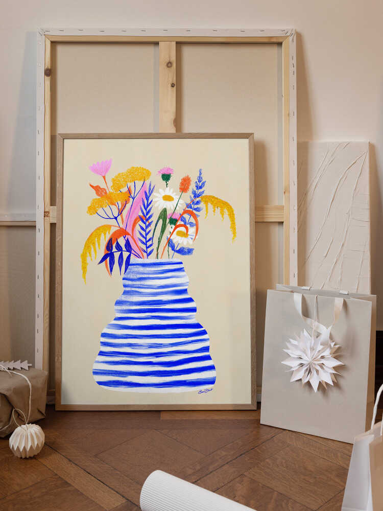 Happy Floral Vase with Stripes