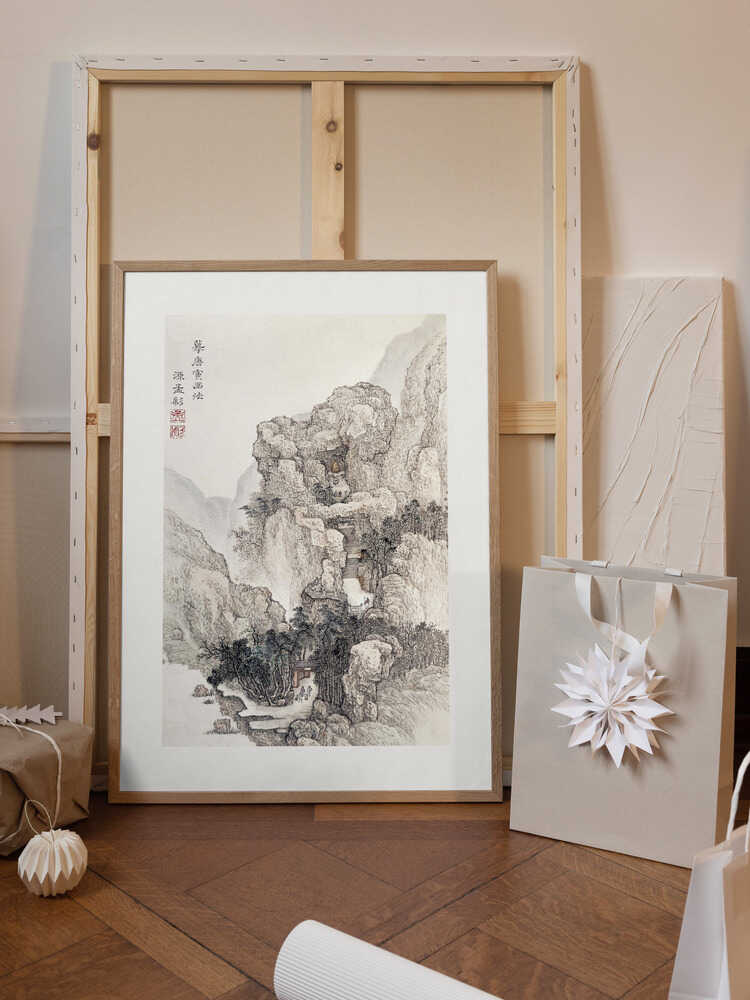 Japanese Rocky Landscape Boarder Vintage Illustration