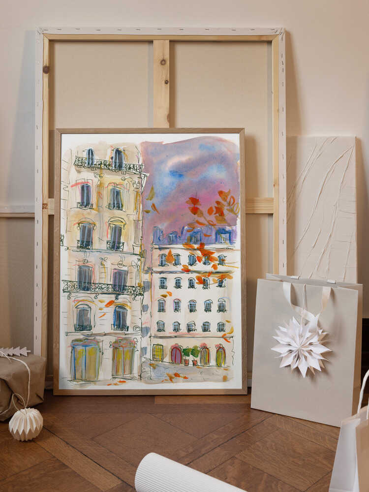 Paris street corner with purple sky