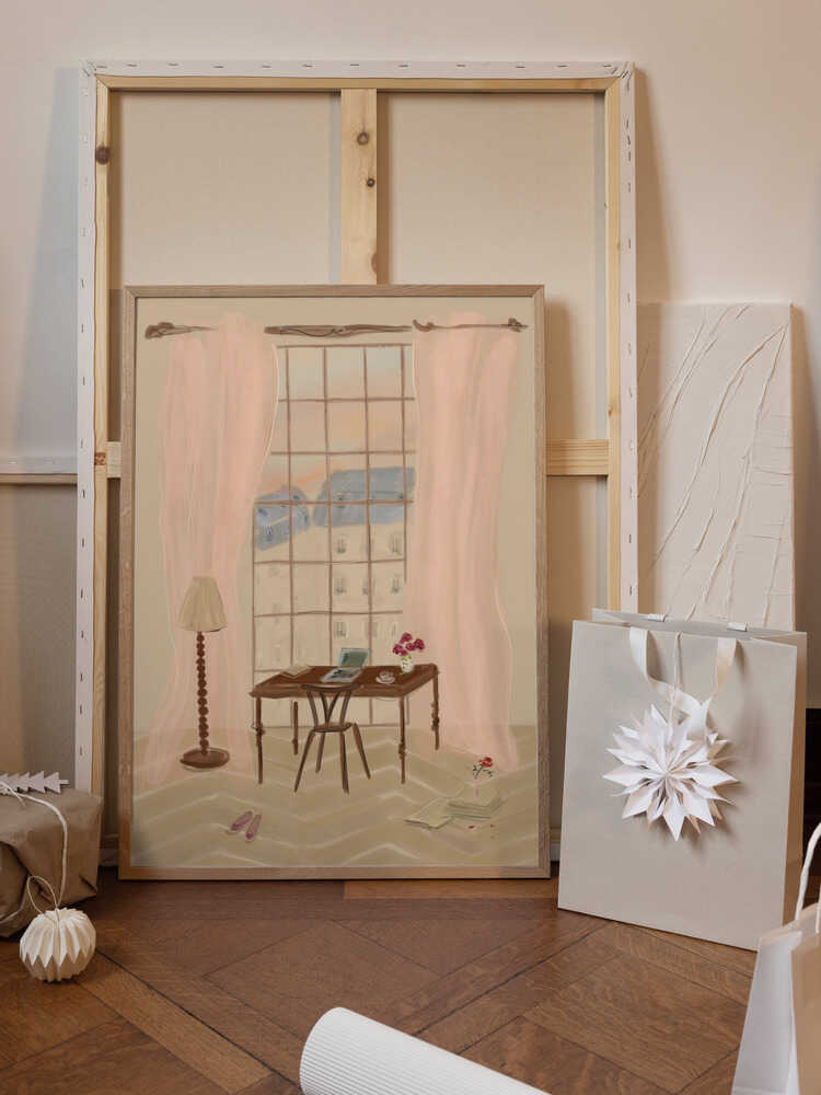 Paris Window View Illustration with Rustic Desk