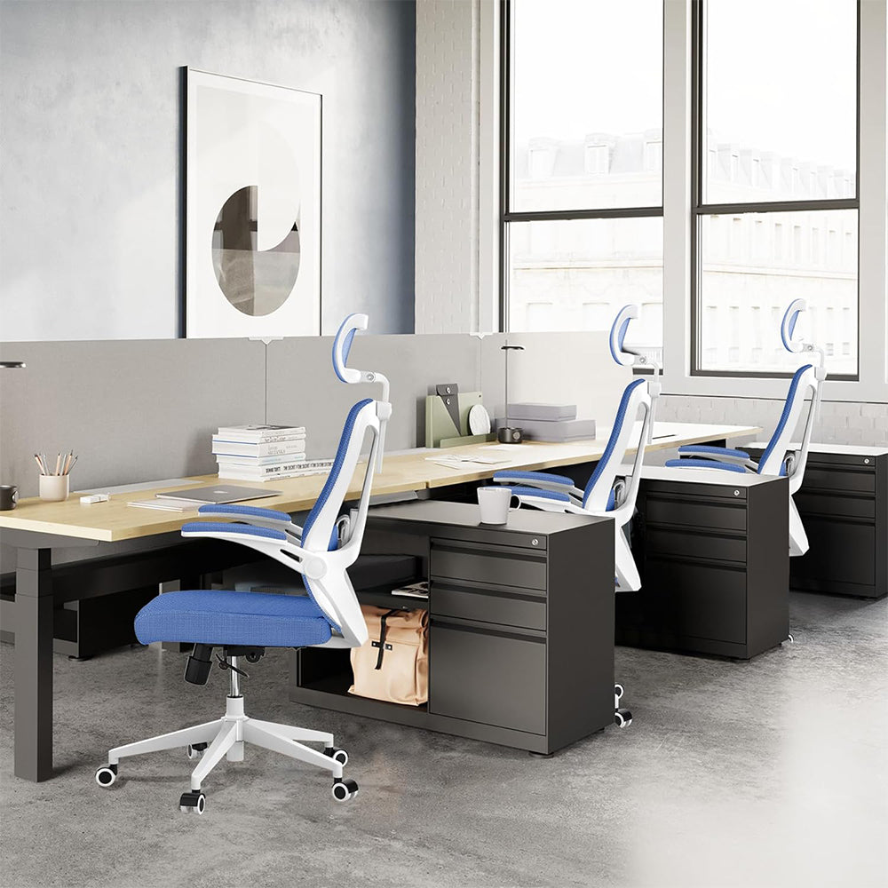 Ergonomic office chair, High back computer desk chair Comfortable lumbar support - Home office Swivel mesh chair with adjustable headrest and backrest, flip armrests,PU mute roller, blue