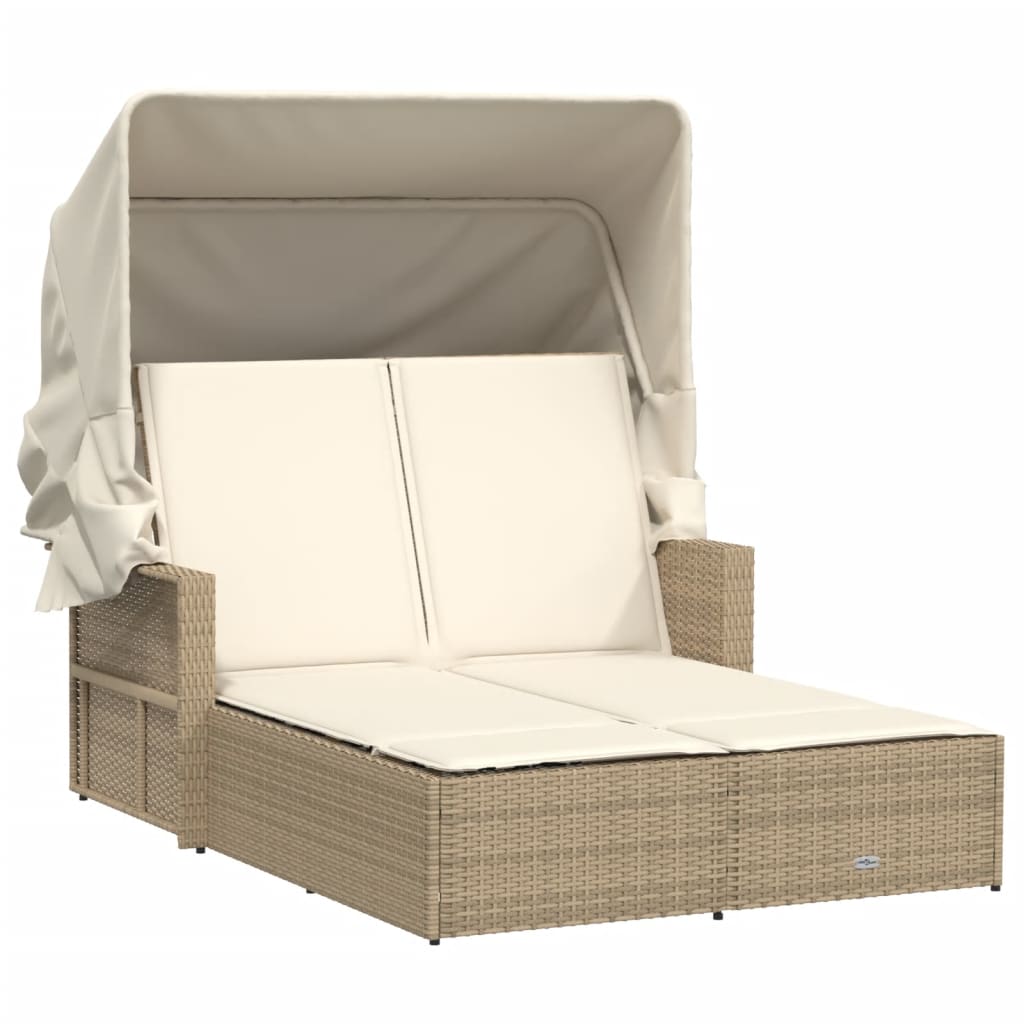 Double Sun Lounger With Canopy And Cushions Beige Poly Rattan