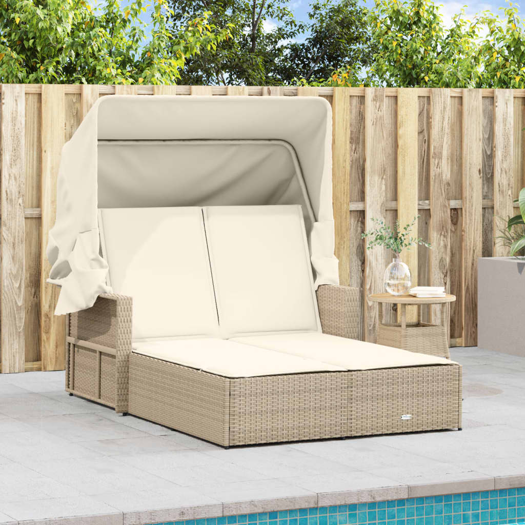 Double Sun Lounger With Canopy And Cushions Beige Poly Rattan