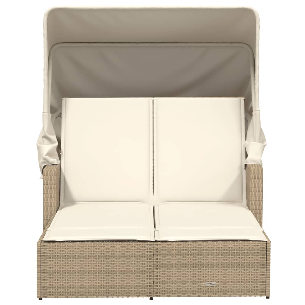 Double Sun Lounger With Canopy And Cushions Beige Poly Rattan