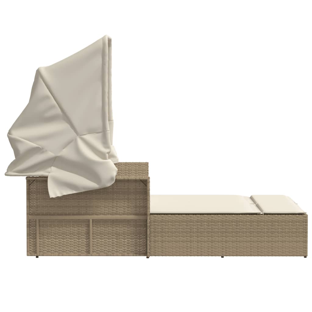 Double Sun Lounger With Canopy And Cushions Beige Poly Rattan