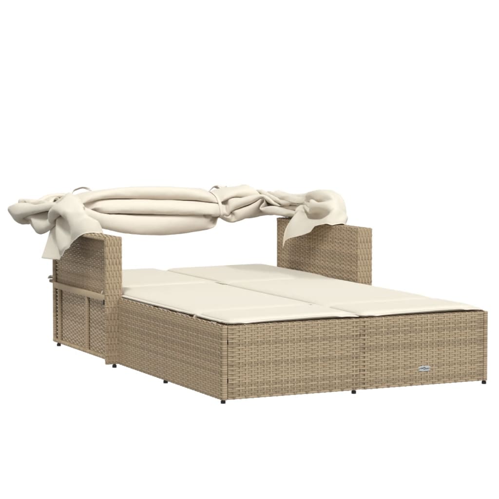 Double Sun Lounger With Canopy And Cushions Beige Poly Rattan