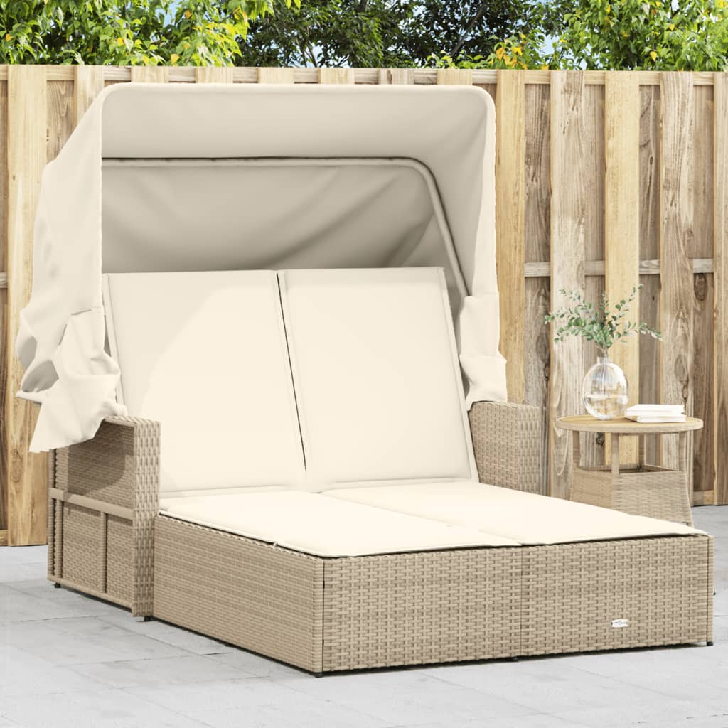 Double Sun Lounger With Canopy And Cushions Beige Poly Rattan