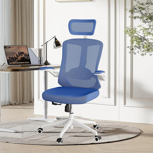 Ergonomic office chair, High back computer desk chair Comfortable lumbar support - Home office Swivel mesh chair with adjustable headrest and backrest, flip armrests,PU mute roller, blue
