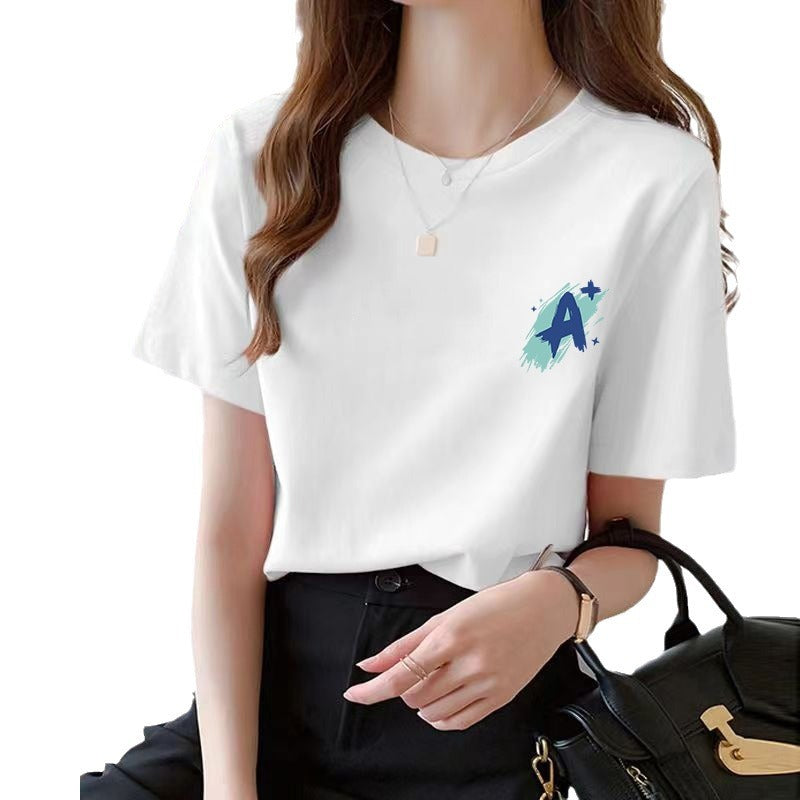 2024 Summer New Women's Loose Women's White Short-sleeved T-shirt Round Neck Top All-match Base Shirt Stall