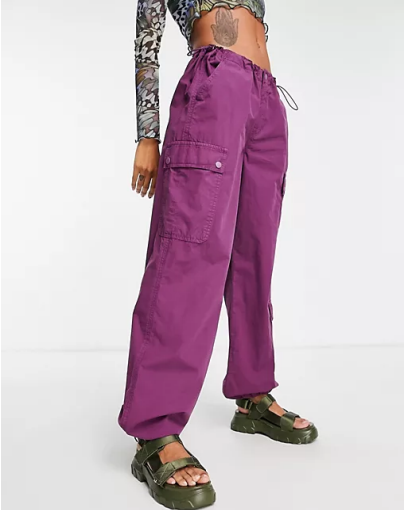 Topshop oversized mid rise balloon cargo trouser with utility pockets in purple