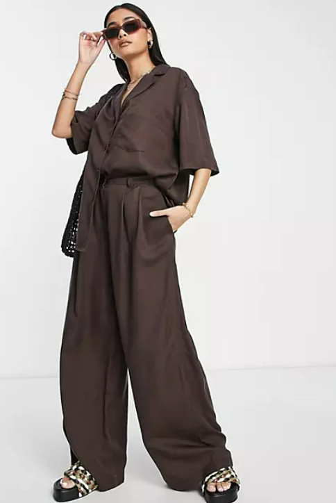 ASOS DESIGN wide leg dad trousers in chocolate co ord