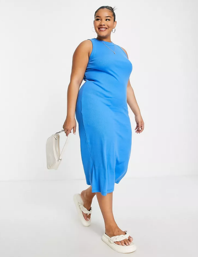 ASOS DESIGN Curve racer front ribbed midi tank dress in blue