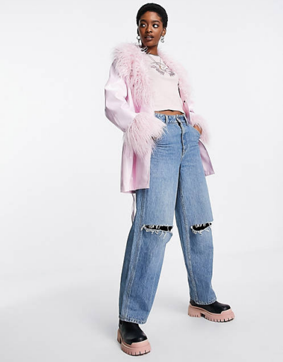 ASOS DESIGN faux leather mum jacket with fur collar in pink