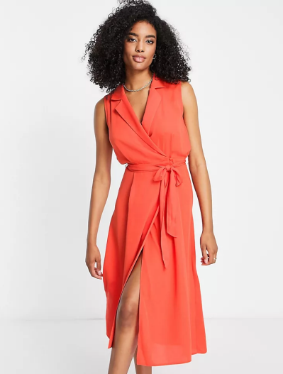 ASOS DESIGN tie front sleeveless collared wrap midi dress in orange