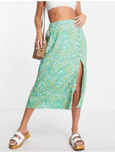 Miss Selfridge button through midi skirt in green ditsy