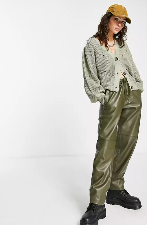 Object cotton blend knitted cardigan in sage green - LGREEN