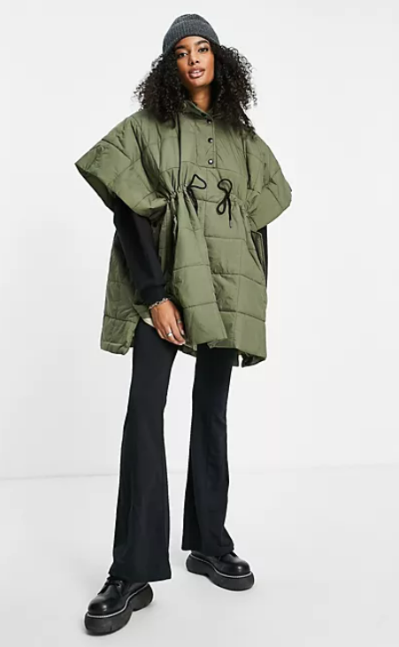 Selected Femme hooded poncho jacket with quilting and tie waist in khaki