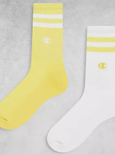 Champion 2 pack logo crew socks in white and yellow