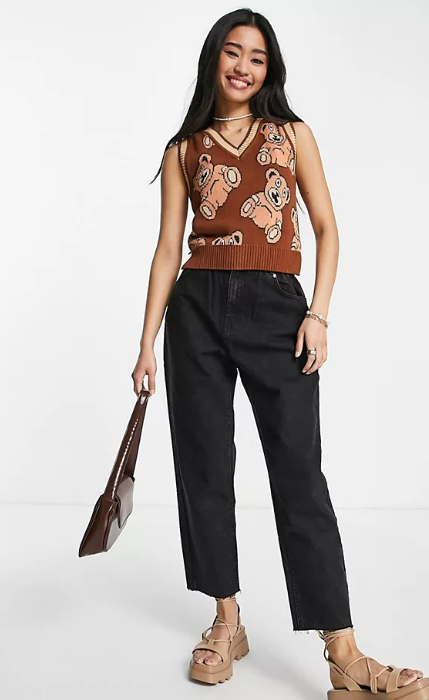Monki relaxed sweater vest with contrast tipping in all over bear knit