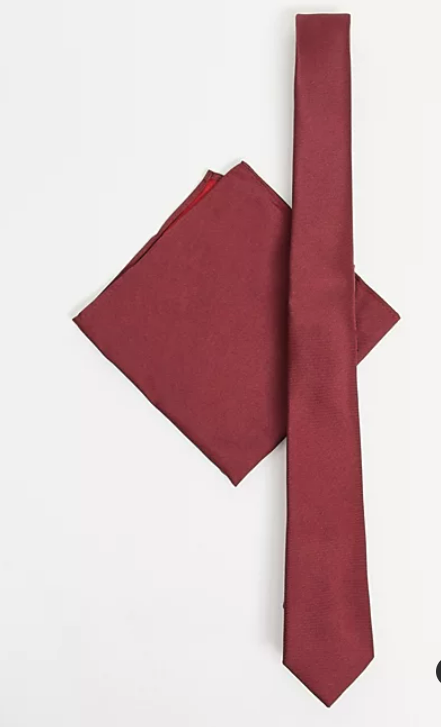 ASOS DESIGN satin slim tie & pocket square in burgundy