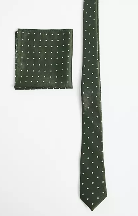 ASOS DESIGN slim tie and pocket square in green and white dot