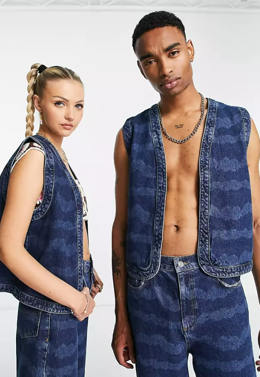Reclaimed Vintage inspired unisex wave print denim waistcoat co-ord