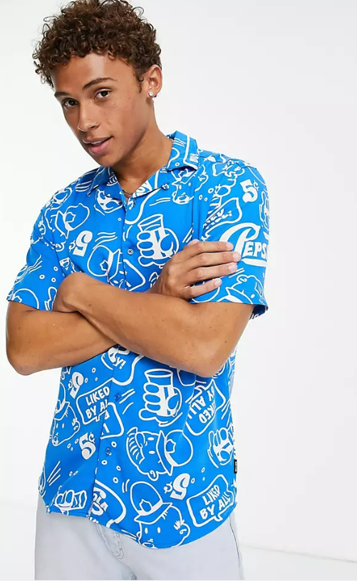 Only & Sons co-ord revere shirt with Pepsi print in blue