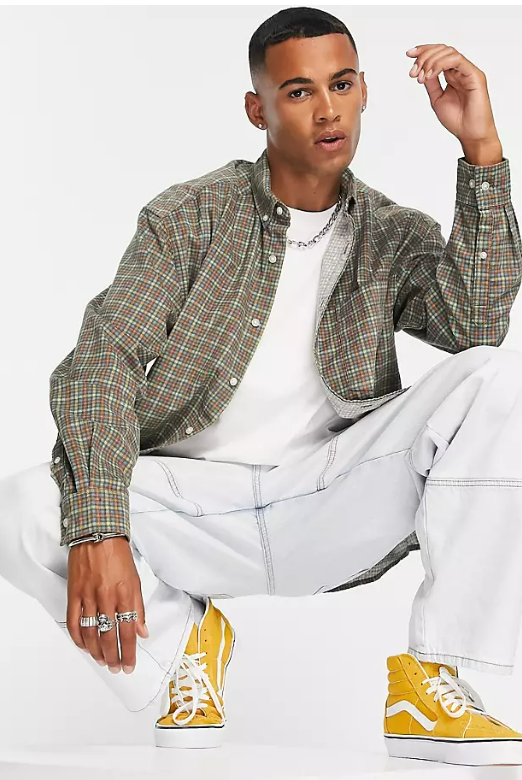 ASOS DESIGN 90s oversized cord shirt in printed check