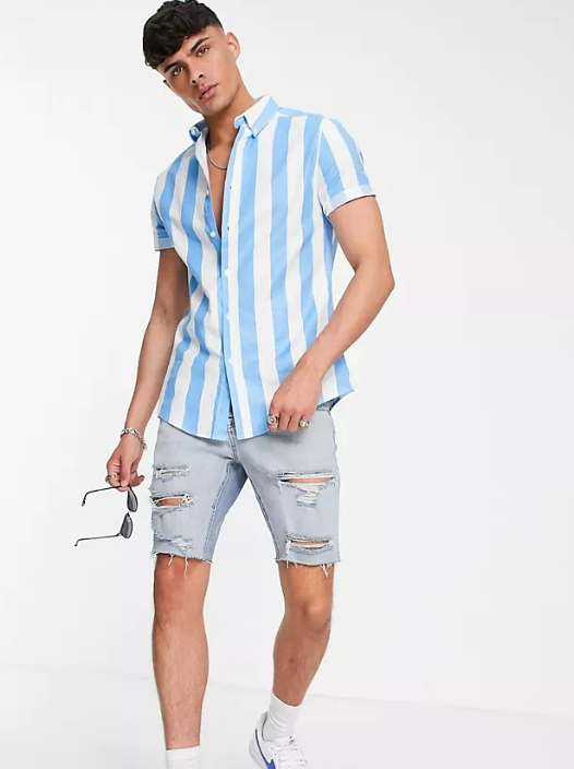 ASOS DESIGN stretch slim oxford stripe shirt in blue