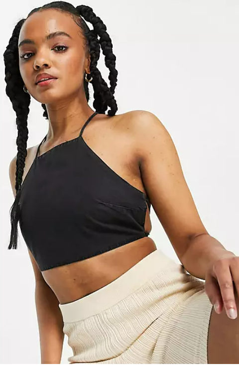 ASOS DESIGN soft denim crop top and skirt in washed black