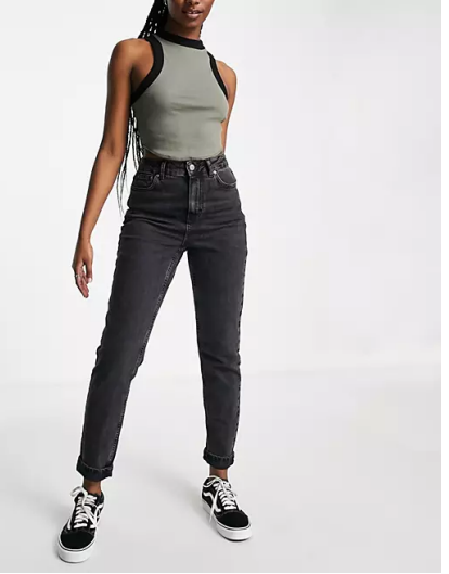 Topshop premium mom cotton blend jeans in washed black - BLACK