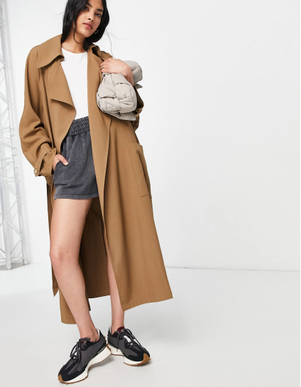 Topshop twill fluid duster coat in camel