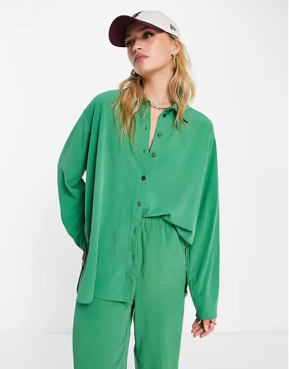 Topshop premium co-ord viscose oversized crinkle shirt in green