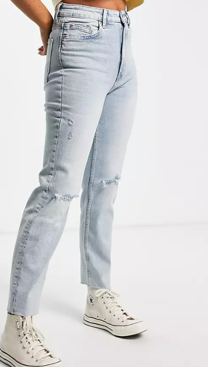 Stradivarius cropped cotton slim mom jeans with stretch and rip in light blue - MBLUE