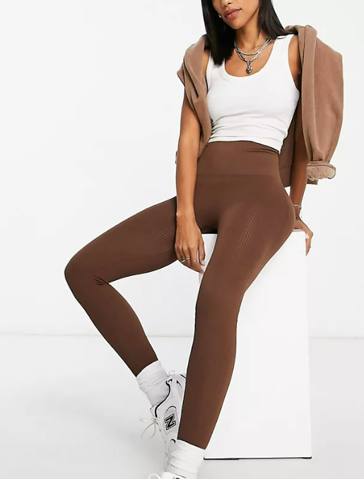 Stradivarius seamless ribbed leggings in chocolate brown