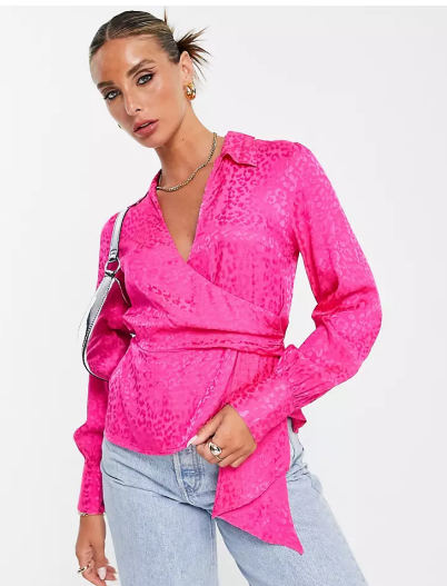 Topshop jacquard wrap front top in bright pink