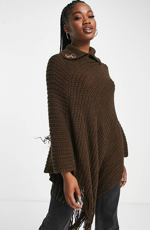 QED London fringe trim poncho in chocolate brown