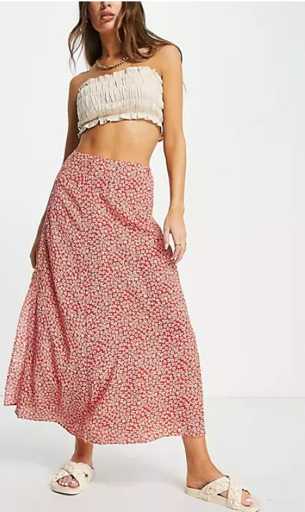 Mango midi skirt with side split in red dot print