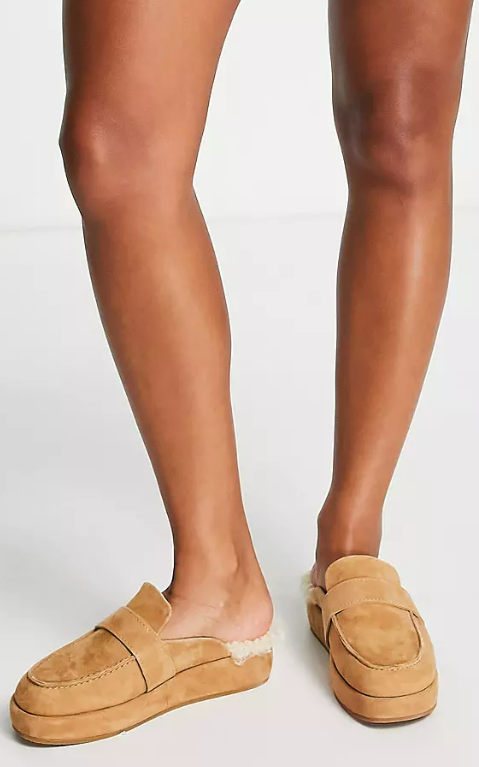 Suede slip on shoes with faux shearling lining in beige