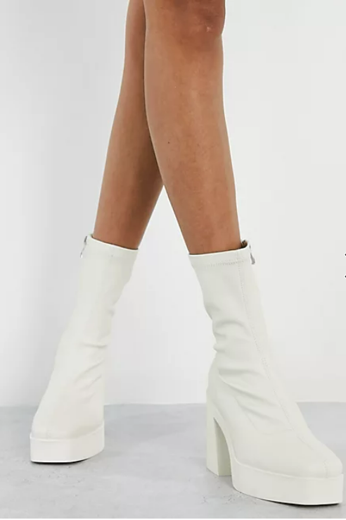 Public Desire Wide Fit Be mine high heeled sock boots in encru stretch pu