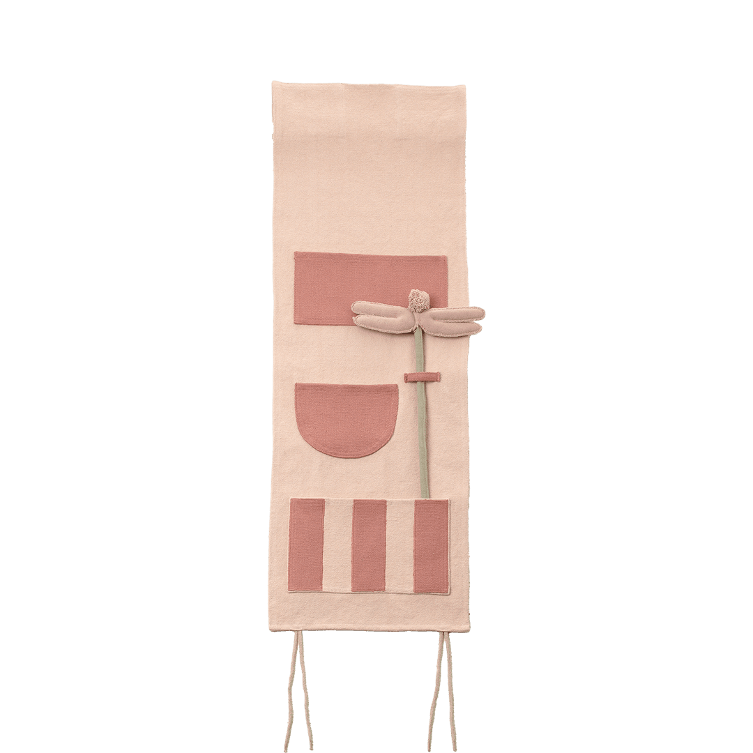 LIFETIME Kidsrooms – Fabric curtain panel with pink dragonfly and geometric details in soft circus tones, designed for children's bed canopies or play spaces