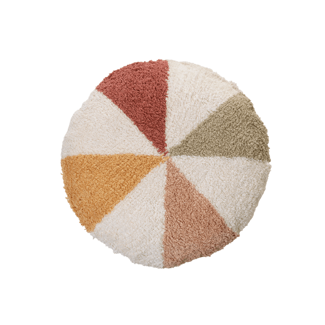 LIFETIME Kidsrooms – Round decorative cushion in soft colors with playful pie-segment pattern, perfect for children's rooms