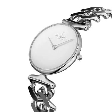 Unika White Dial with Silver Chain Watch Strap fra Nordgreen