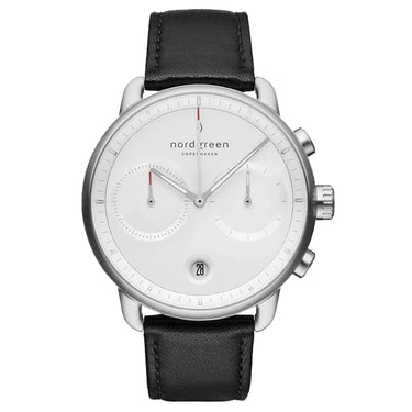 Pioneer // 42mm // Silver // Leather // Black // White fra Nordgreen
