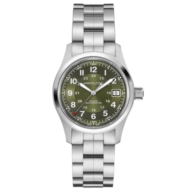 Hamilton Khaki Field Automatic H70455160 med grøn skive og stålrem, perfekt til outdoor-eventyr.