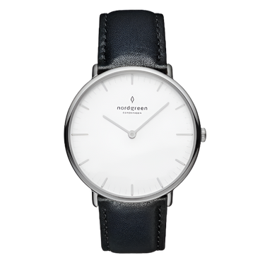 Native White dial - black leather watch strap 28mm / silver fra Nordgreen