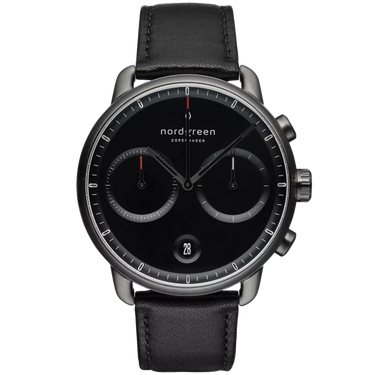 Pioneer // 42mm // Gun Metal // Black Leather // Black Dial fra Nordgreen
